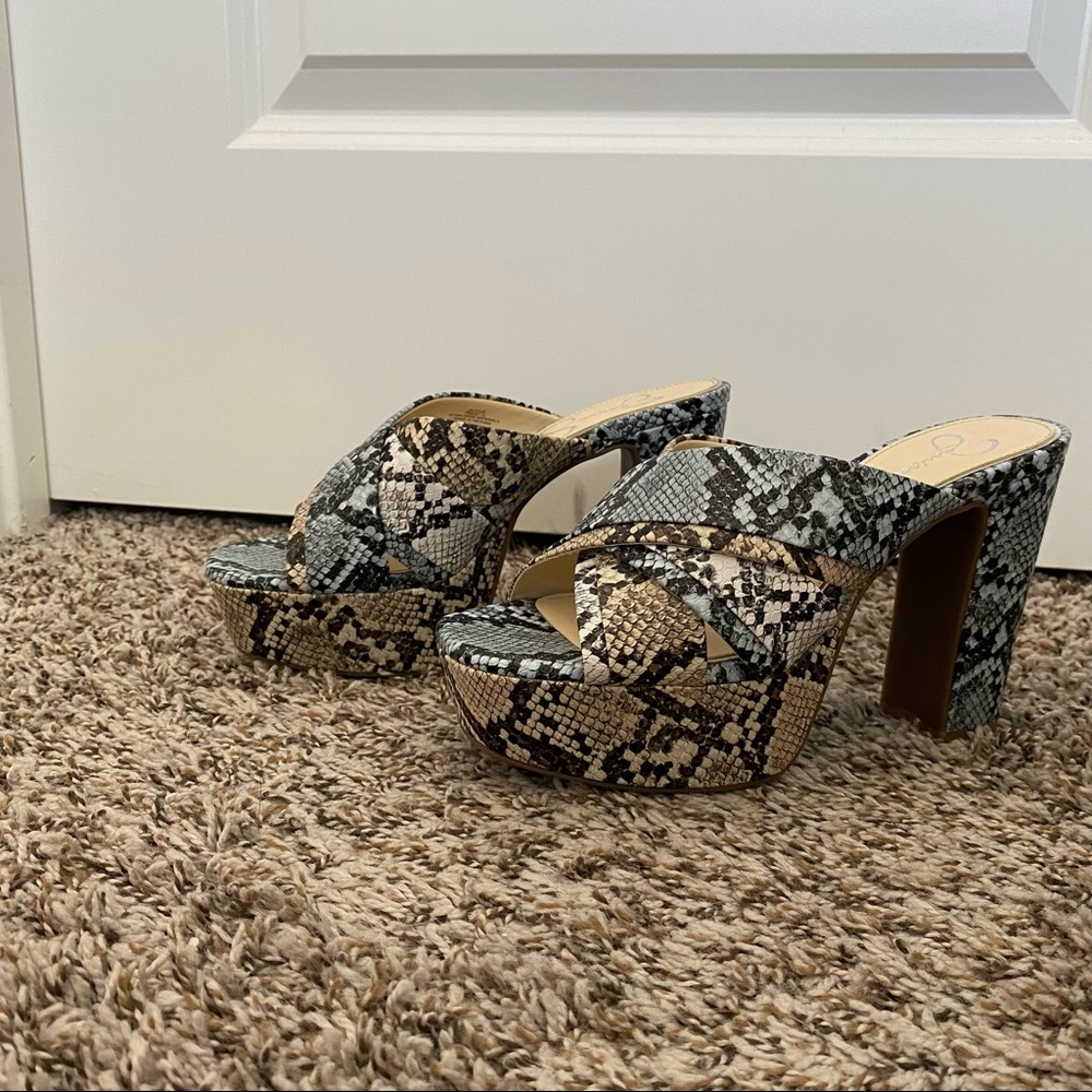 Jessica Simpson platform heels, snake print, size 7.